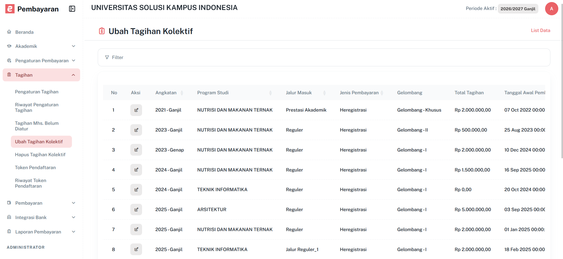 Halaman Ubah Tagihan Kolektif