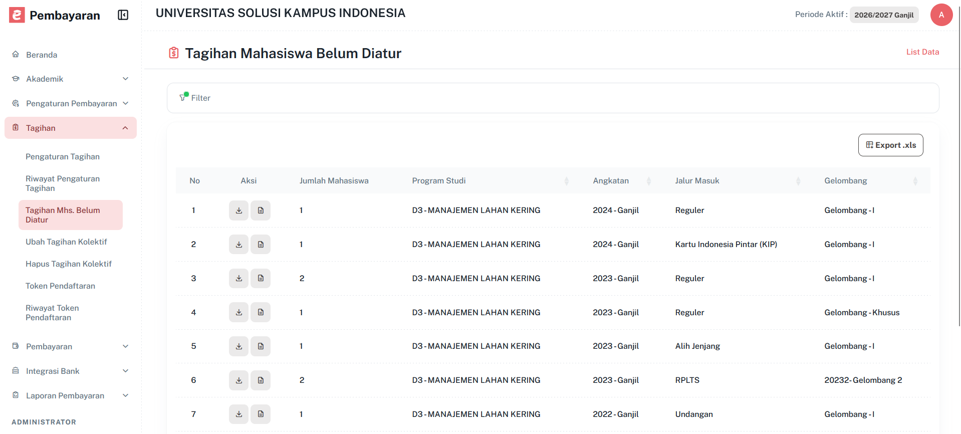 Halaman Tagihan Mahasiswa Belum Diatur