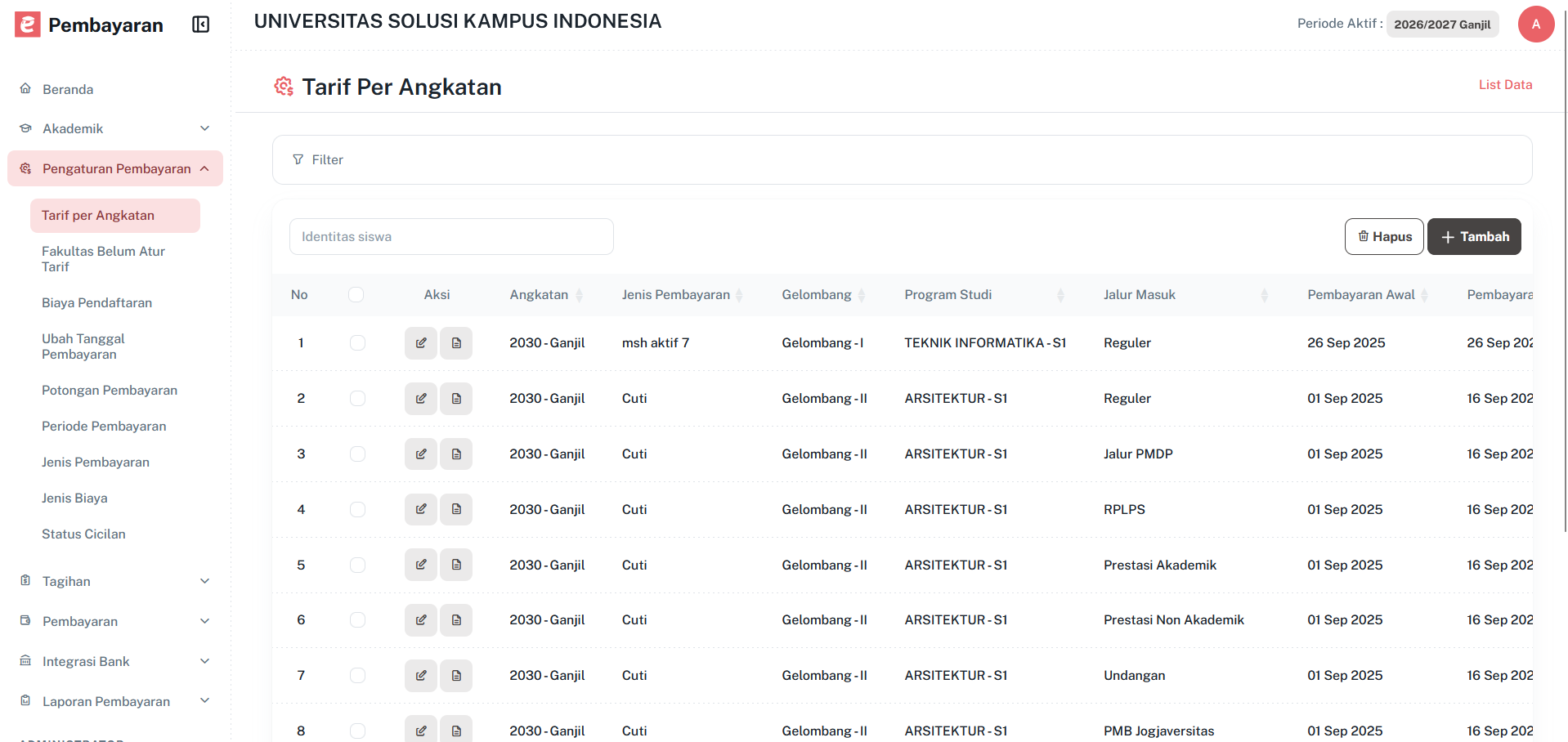 Halaman Tarif Per Angkatan