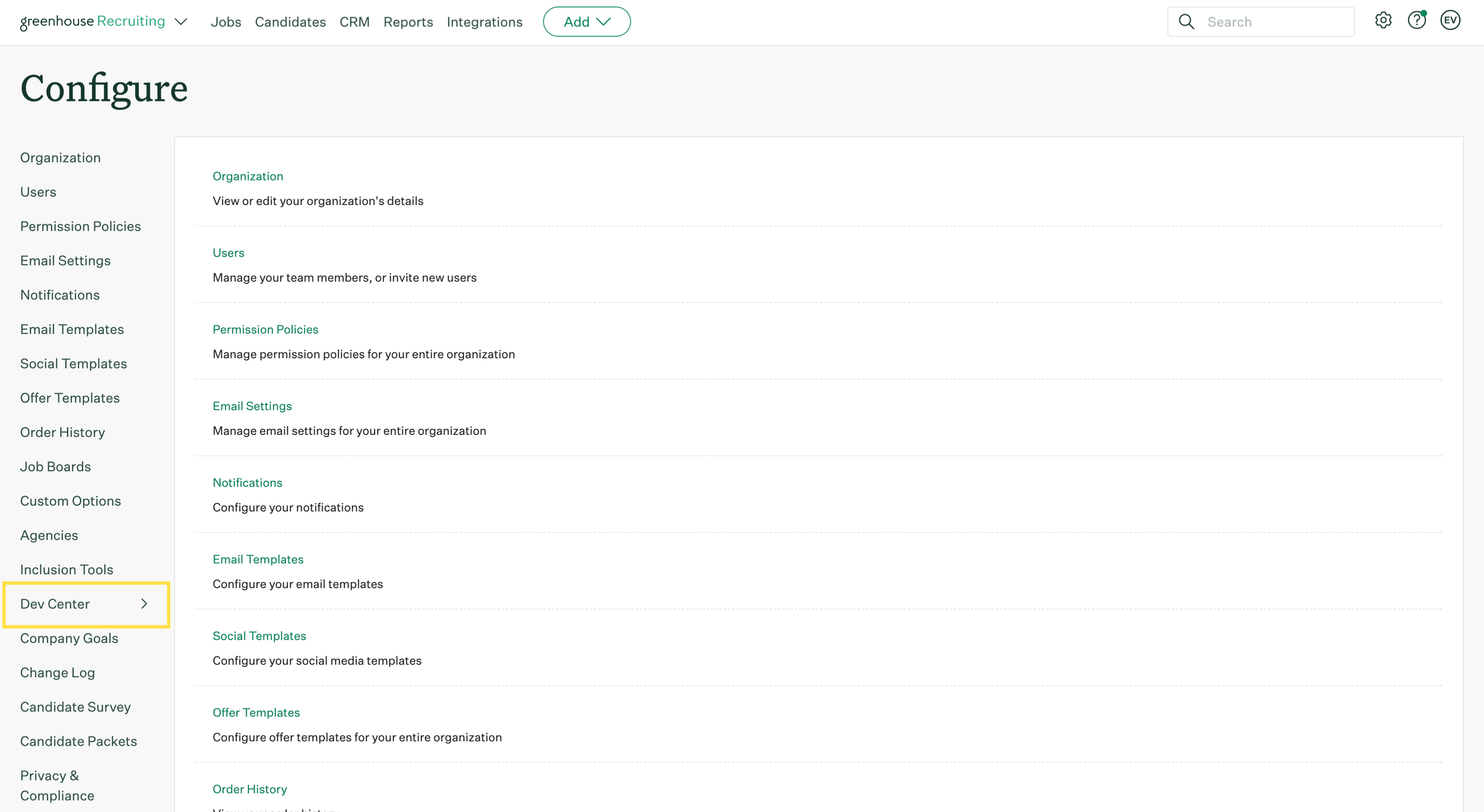 Greenhouse dev center button