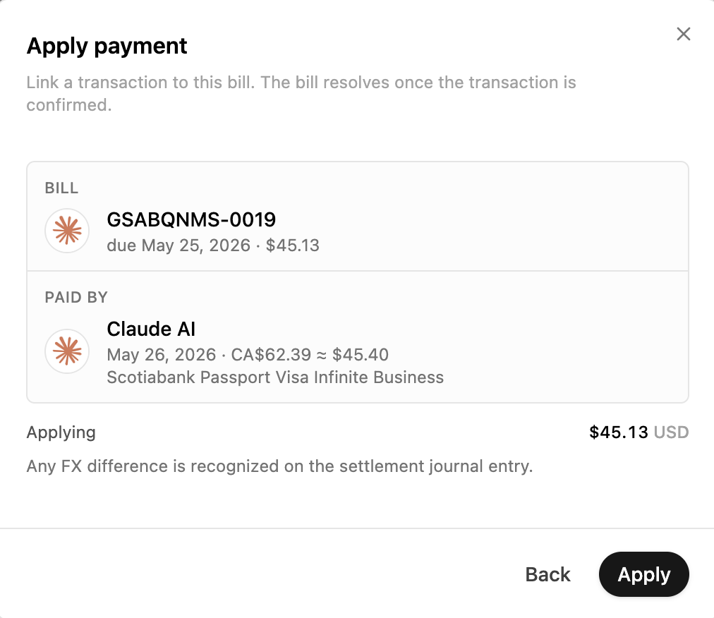 The Apply payment dialog linking a bank transaction to a bill