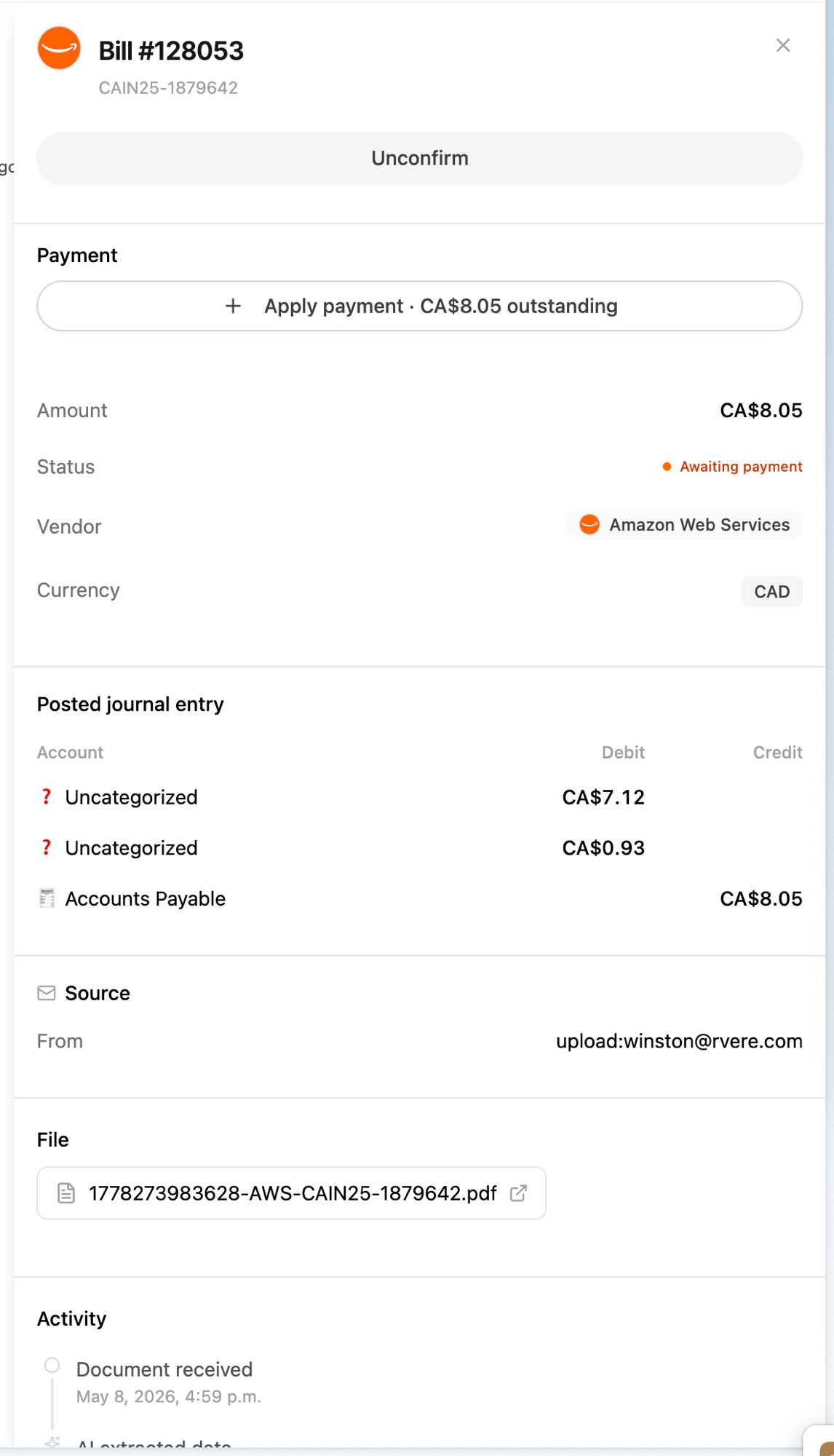Bill detail showing an open payable awaiting payment