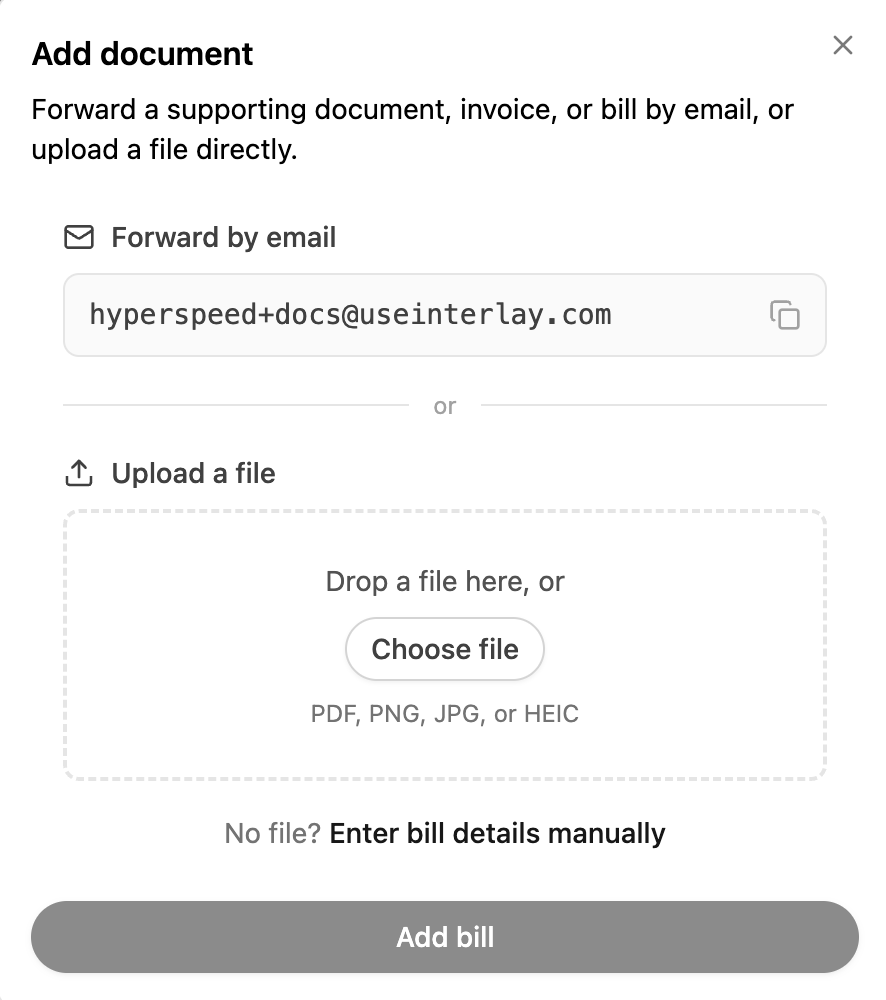 The Add document dialog for uploading or forwarding a bill