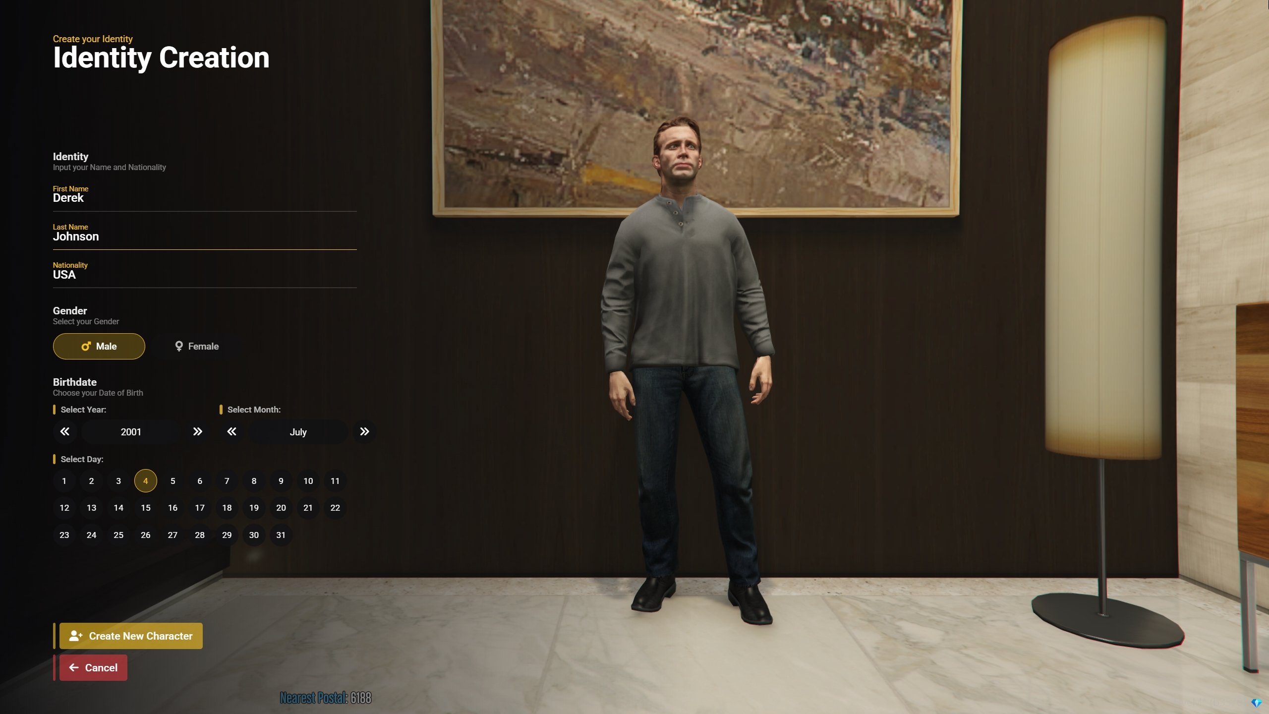 Equinox Roleplay new character information screen