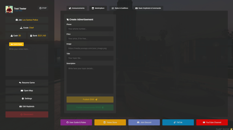 Announcements and server information inside the Pause Menu