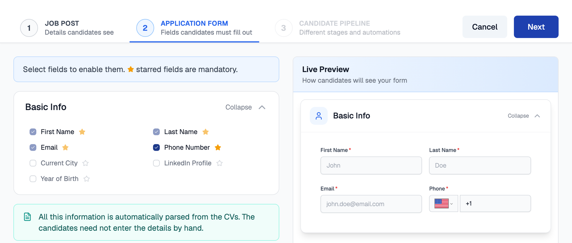 Application Form step of the job creation wizard, with Basic Info checkboxes for first name, last name, email, phone number, current city, LinkedIn profile and year of birth on the left, and a live preview of the candidate form showing first name, last name, email and phone on the right