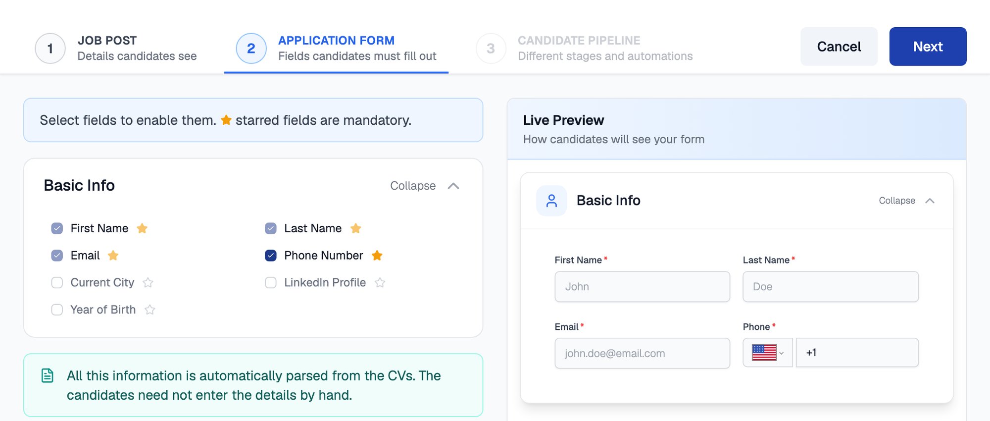 Application Form step of the job creation wizard, with Basic Info checkboxes for first name, last name, email, phone number, current city, LinkedIn profile and year of birth on the left, and a live preview of the candidate form showing first name, last name, email and phone on the right
