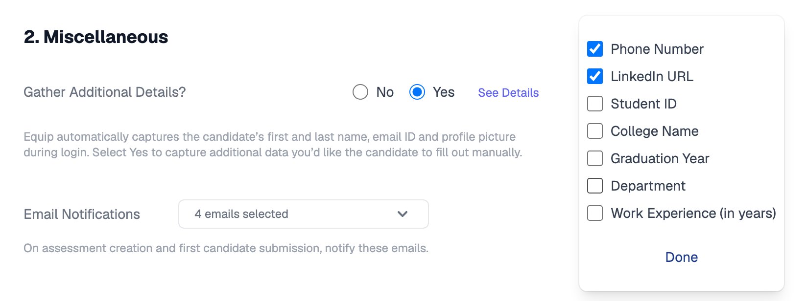 Gather Additional Details set to Yes with the details list open, showing checkboxes for Phone Number, LinkedIn URL, Student ID, College Name, Graduation Year, Department and Work Experience, with Phone Number and LinkedIn URL ticked