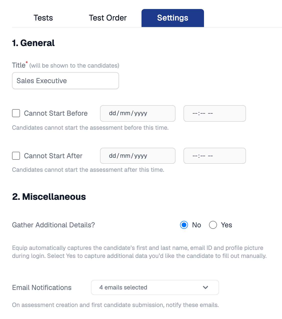Settings tab of an assessment showing the Title, Cannot Start Before and Cannot Start After fields under General, then the start of Miscellaneous with Gather Additional Details and Email Notifications