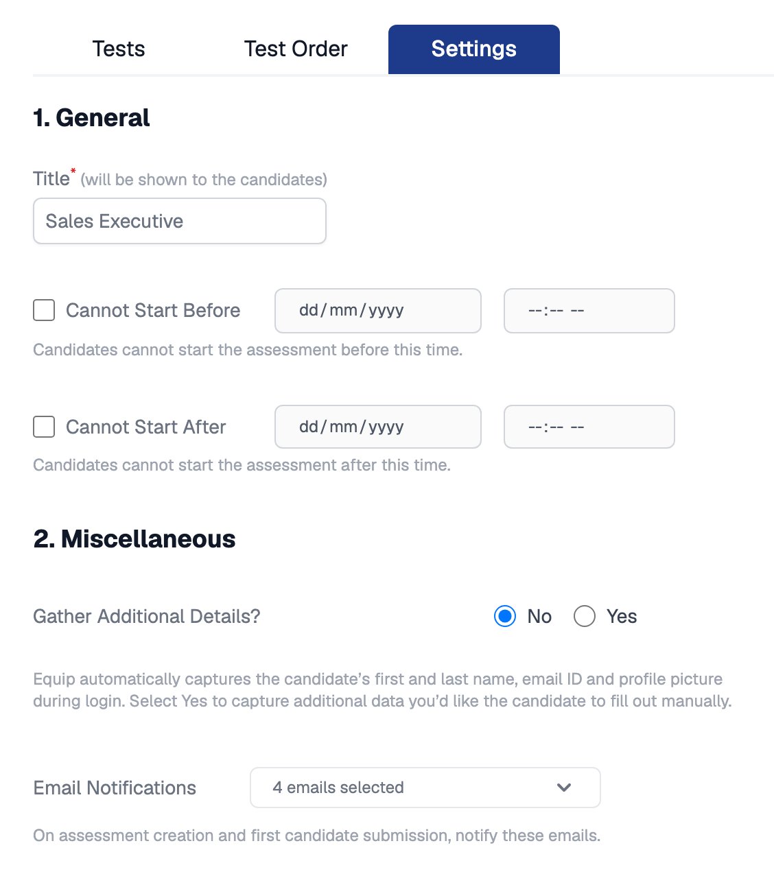 Settings tab of an assessment showing the Title, Cannot Start Before and Cannot Start After fields under General, then the start of Miscellaneous with Gather Additional Details and Email Notifications