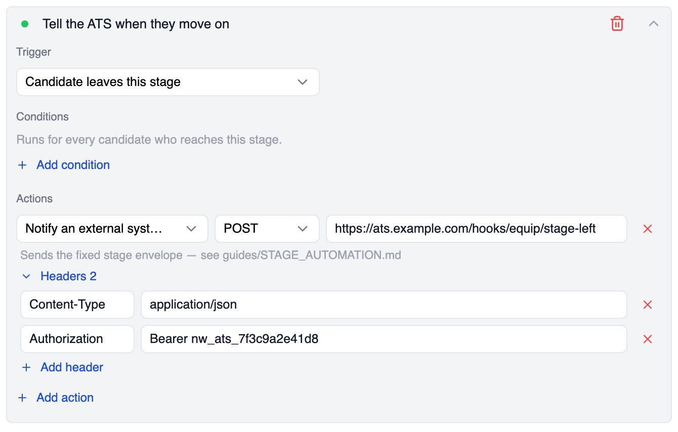 Expanded rule Tell the ATS when they move on, with the trigger Candidate leaves this stage, no conditions, and the action Notify an external system (webhook) set to POST https://ats.example.com/hooks/equip/stage-left. Headers 2 is expanded, listing Content-Type application/json and Authorization Bearer followed by a token, with Add header and Add action links below