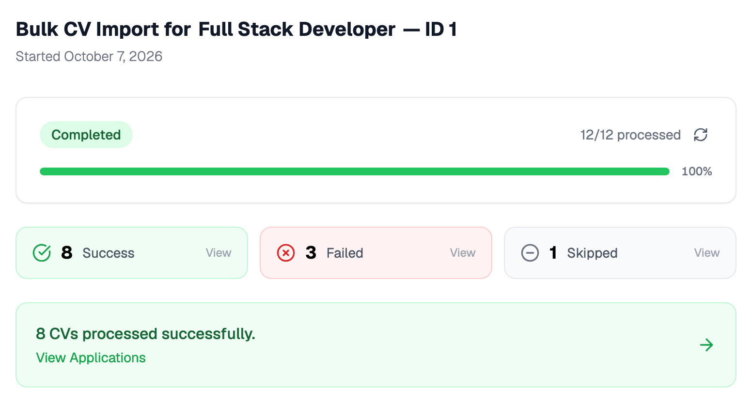 Bulk CV Import detail page for Full Stack Developer, import ID 1, marked Completed with 12 of 12 processed at 100 percent, cards showing 8 Success, 3 Failed and 1 Skipped, and a link to view applications for the 8 CVs processed successfully