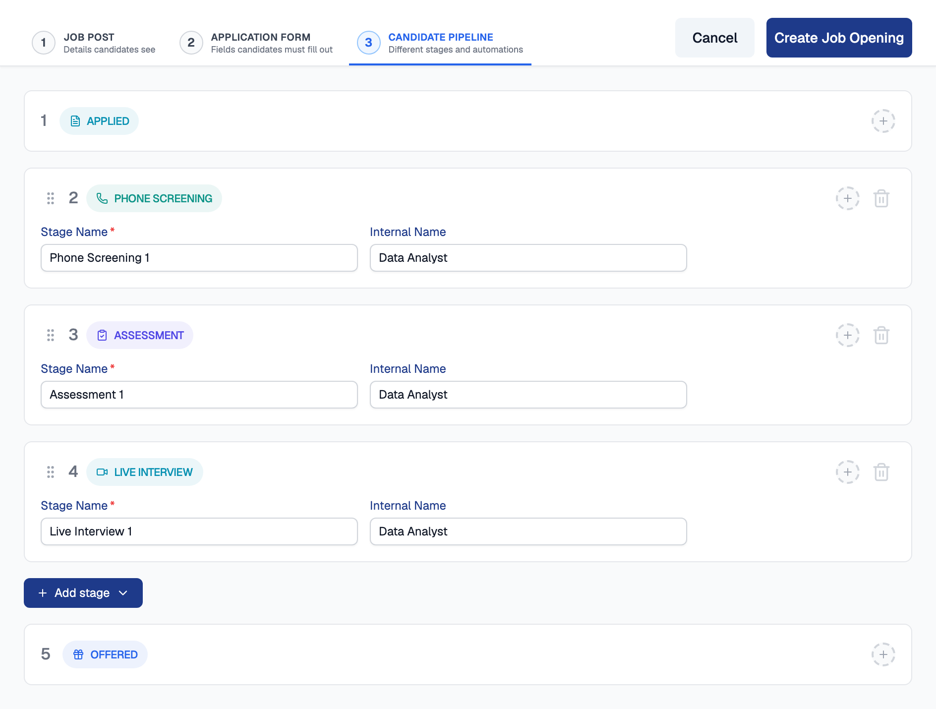 Candidate Pipeline step of the job creation wizard listing stage cards in order, Applied, Phone Screening, Assessment and Live Interview, then an Add stage button and the Offered card
