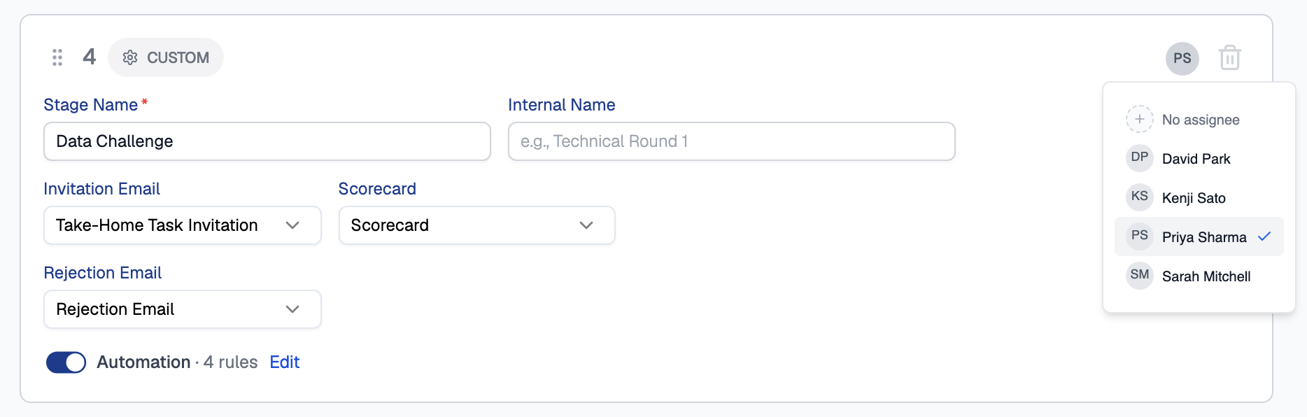 Custom stage named Data Challenge in a saved job's pipeline, with Invitation Email, Scorecard and Rejection Email dropdowns, Automation switched on with 4 rules, and the assignee menu open at the top right listing No assignee, David Park, Kenji Sato, Priya Sharma and Sarah Mitchell, with Priya Sharma ticked