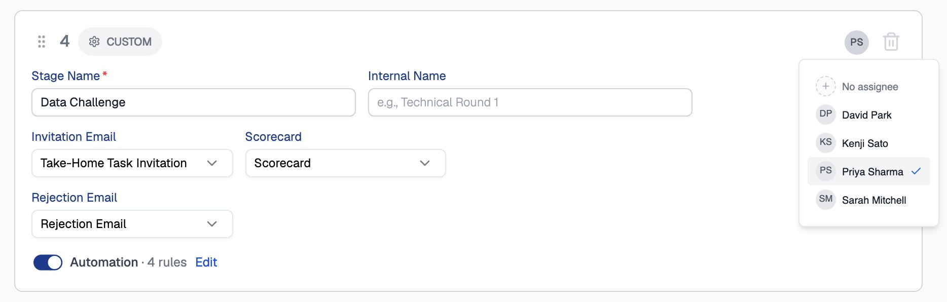 Custom stage named Data Challenge in a saved job's pipeline, with Invitation Email, Scorecard and Rejection Email dropdowns, Automation switched on with 4 rules, and the assignee menu open at the top right listing No assignee, David Park, Kenji Sato, Priya Sharma and Sarah Mitchell, with Priya Sharma ticked