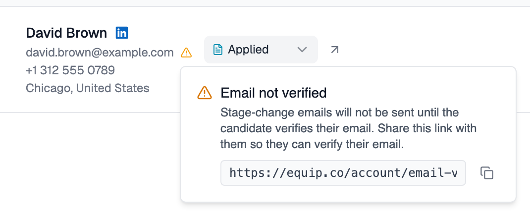 David Brown's row on the applications dashboard with an amber warning icon after his email, and a popover reading Email not verified with a verification link and a copy button