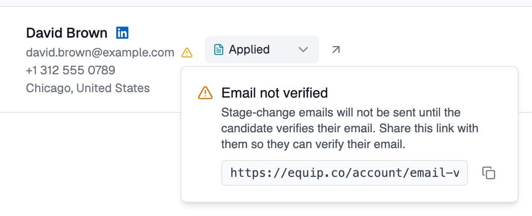 David Brown's row on the applications dashboard with an amber warning icon after his email, and a popover reading Email not verified with a verification link and a copy button