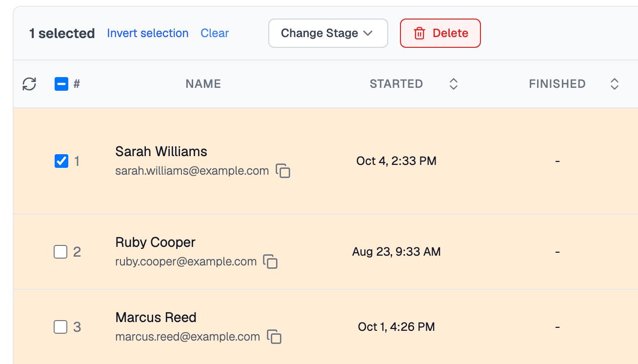Left half of the unsubmitted results with the bulk actions bar reading 1 selected, with Invert selection, Clear, Change Stage and a red Delete button, above three unfinished attempts shaded orange, with no finish time, where Sarah Williams's row is ticked