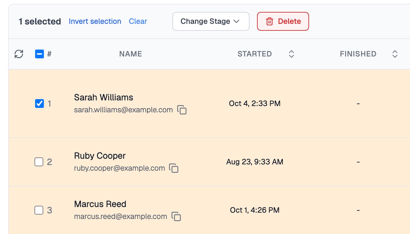 Left half of the unsubmitted results with the bulk actions bar reading 1 selected, with Invert selection, Clear, Change Stage and a red Delete button, above three unfinished attempts shaded orange, with no finish time, where Sarah Williams's row is ticked