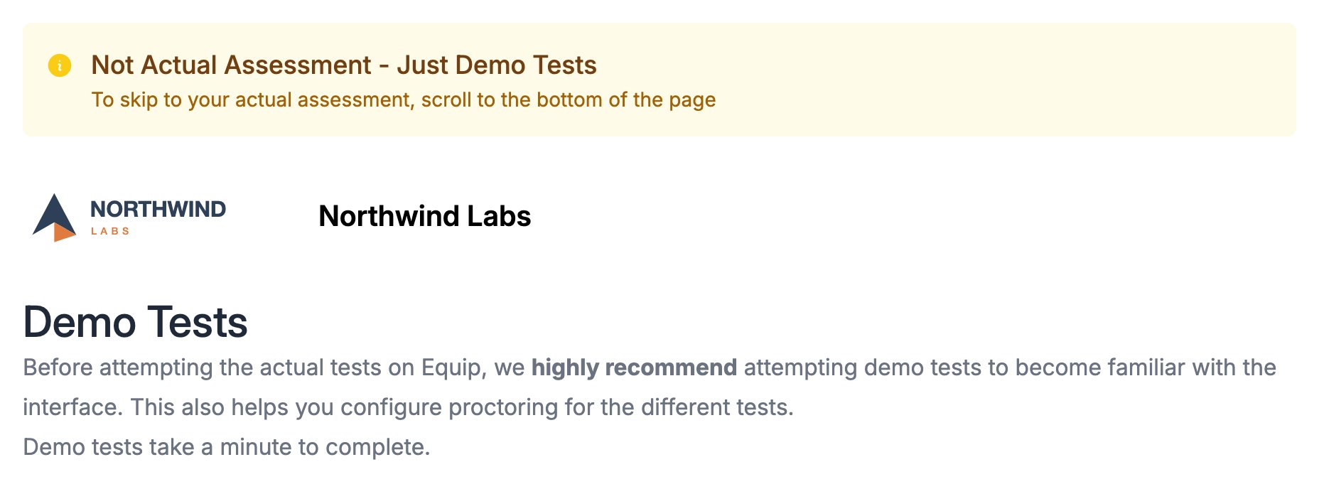 Candidate's Demo Tests page for a Northwind Labs assessment with a yellow banner reading Not Actual Assessment - Just Demo Tests above the Northwind Labs name and a Demo Tests introduction recommending candidates try the demo tests first