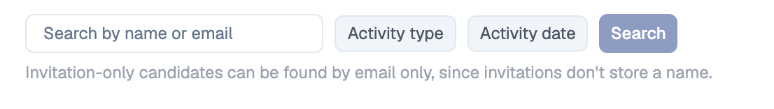 Candidate Search controls with a name or email search box, Activity type and Activity date filters, and a Search button