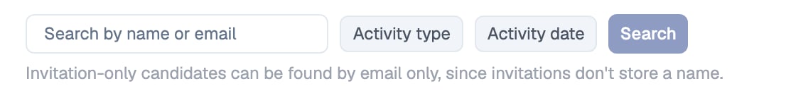 Candidate Search controls with a name or email search box, Activity type and Activity date filters, and a Search button