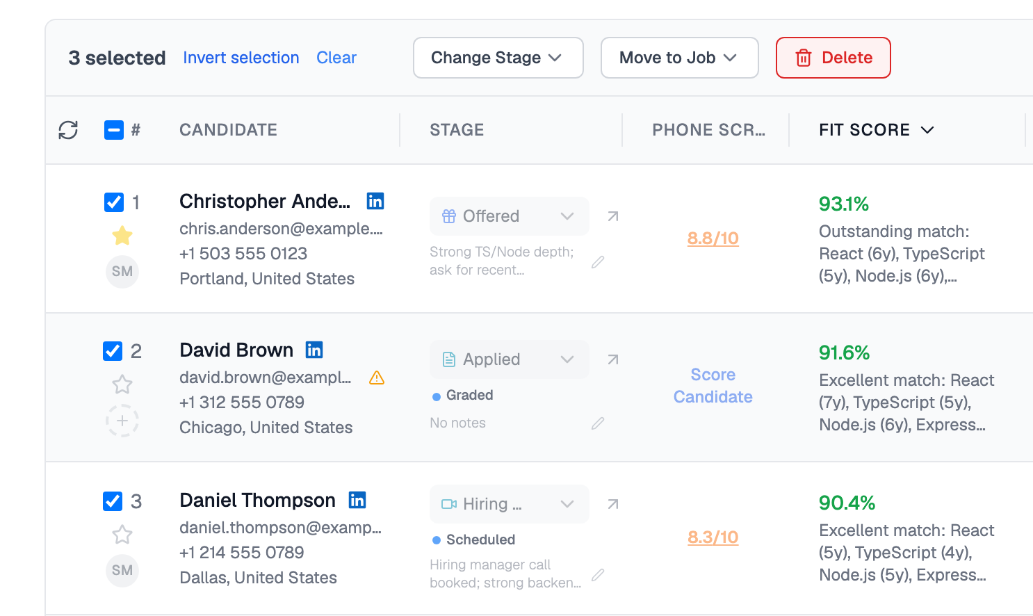 Applications table with three candidates ticked and a bar above it reading 3 selected, with Invert selection, Clear, Change Stage, Move to Job and Delete