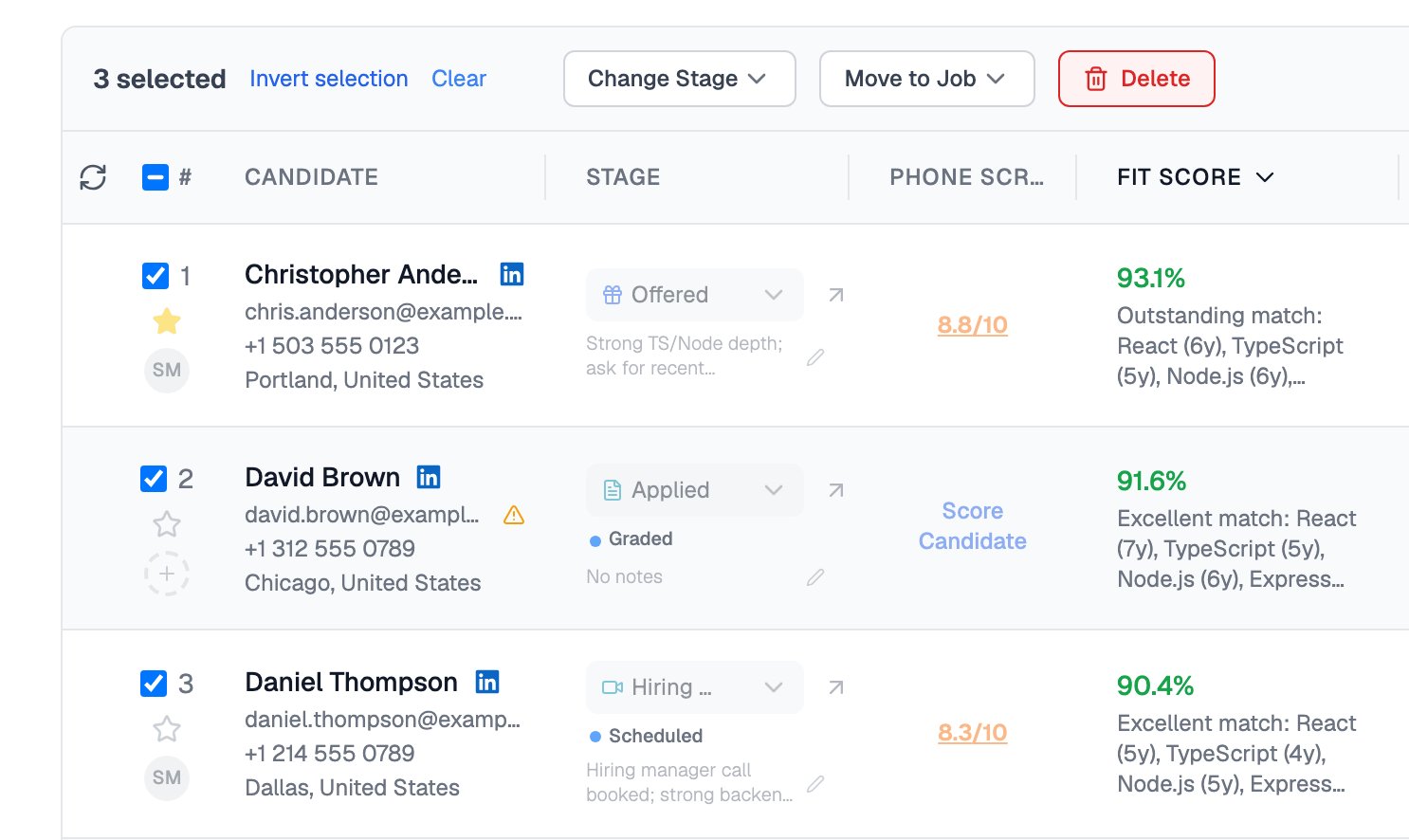 Applications table with three candidates ticked and a bar above it reading 3 selected, with Invert selection, Clear, Change Stage, Move to Job and Delete