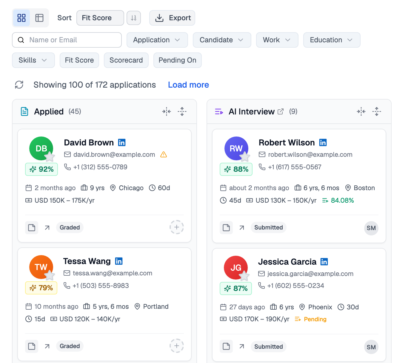 Applications dashboard in Kanban view, with the Kanban and Table toggle at the top left above the filters, and columns for the Applied and AI Interview stages, each holding candidate cards with a fit score