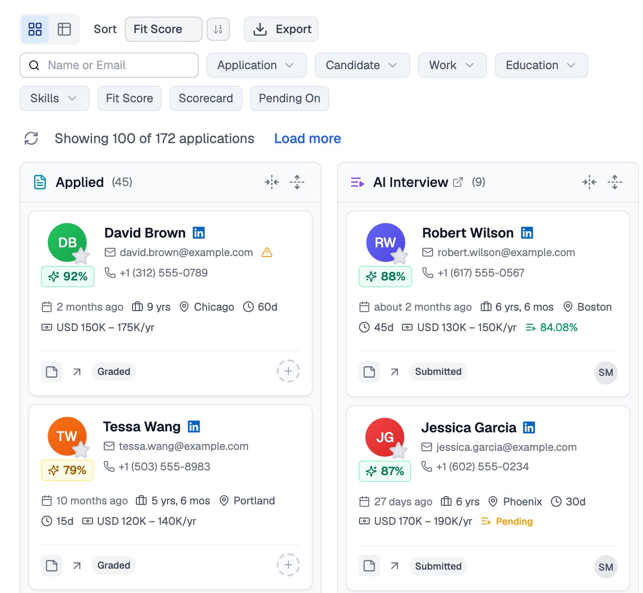 Applications dashboard in Kanban view, with the Kanban and Table toggle at the top left above the filters, and columns for the Applied and AI Interview stages, each holding candidate cards with a fit score