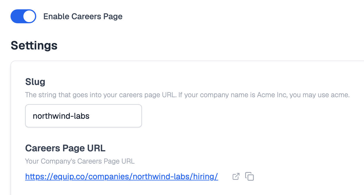 Careers Page settings with Enable Careers Page switched on, the slug set to northwind-labs, and the resulting careers page URL