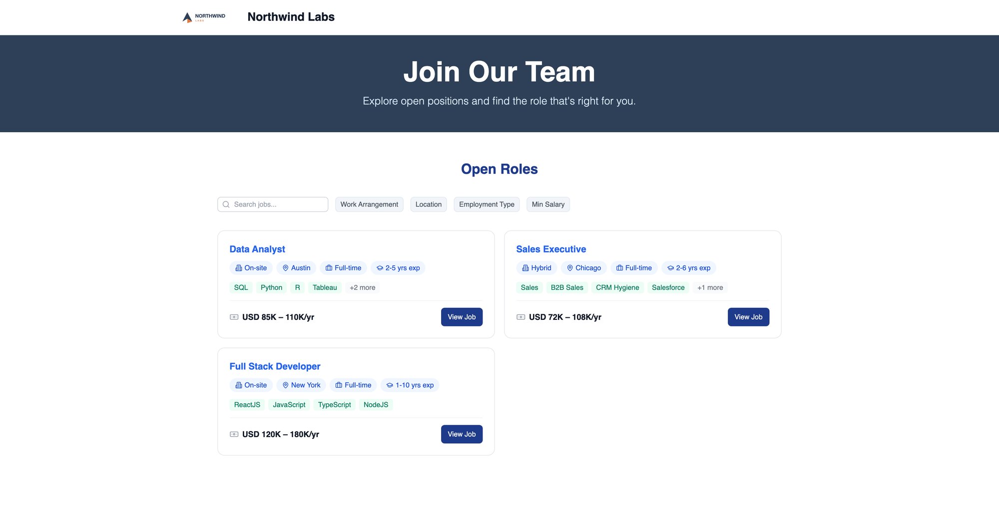 Northwind Labs public careers page with a Join Our Team banner, a job search box, filters for work arrangement, location, employment type and salary, and four open role cards