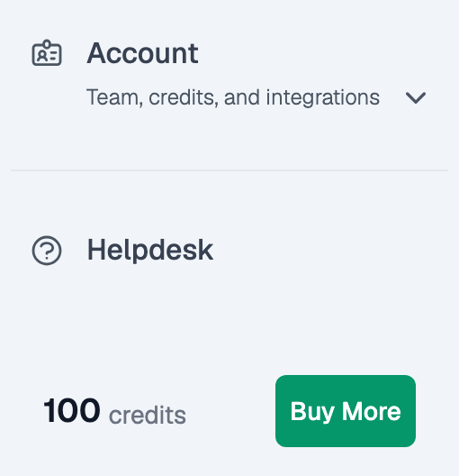 Bottom of the recruiter sidebar, with the Account group and the Helpdesk link above a balance of 100 credits and a green Buy More button