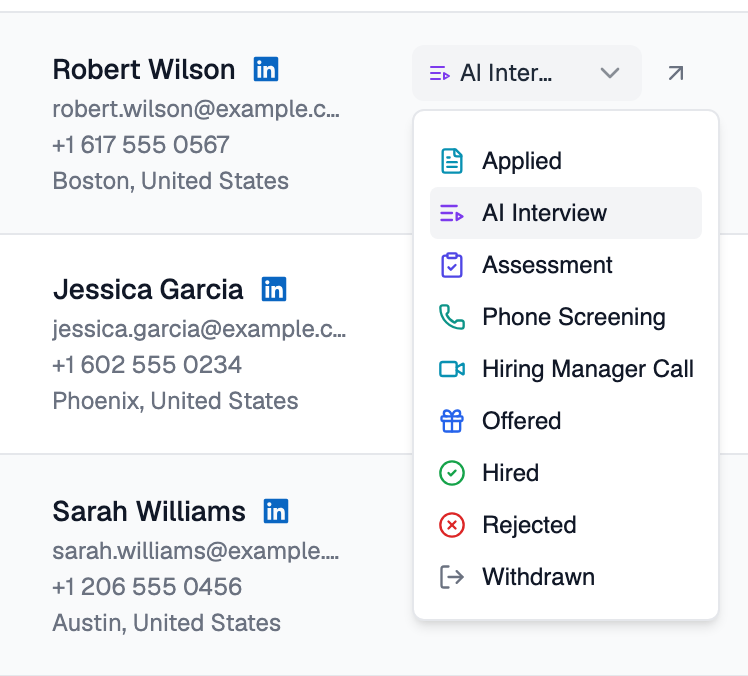 Robert Wilson's row on the applications dashboard with the stage dropdown open, listing Applied, AI Interview, Assessment, Phone Screening, Hiring Manager Call, Offered, Hired, Rejected and Withdrawn