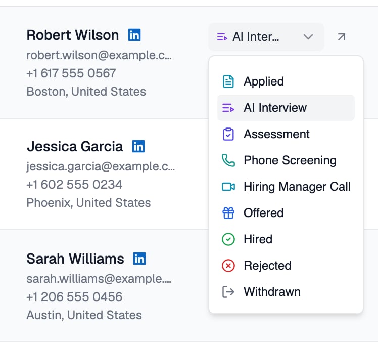 Robert Wilson's row on the applications dashboard with the stage dropdown open, listing Applied, AI Interview, Assessment, Phone Screening, Hiring Manager Call, Offered, Hired, Rejected and Withdrawn