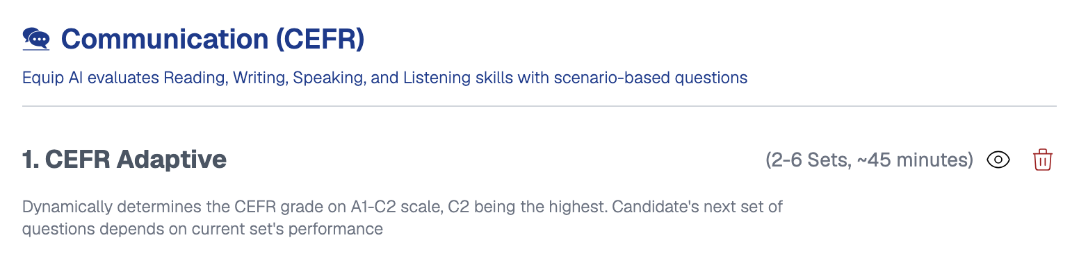Communication (CEFR) section of the assessment builder, described as AI evaluating Reading, Writing, Speaking and Listening, with a CEFR Adaptive test of 2 to 6 sets and about 45 minutes