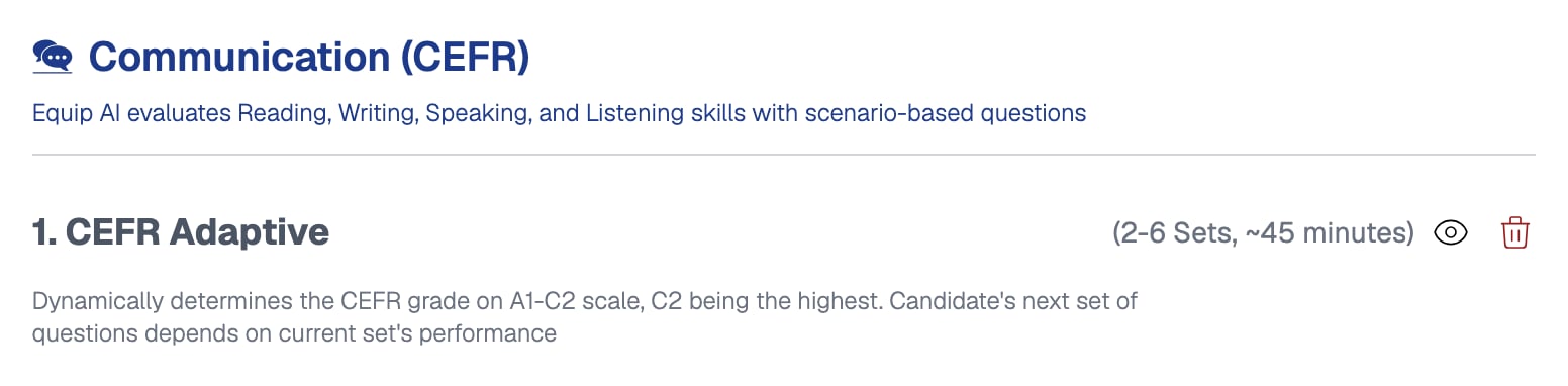Communication (CEFR) section of the assessment builder, described as AI evaluating Reading, Writing, Speaking and Listening, with a CEFR Adaptive test of 2 to 6 sets and about 45 minutes