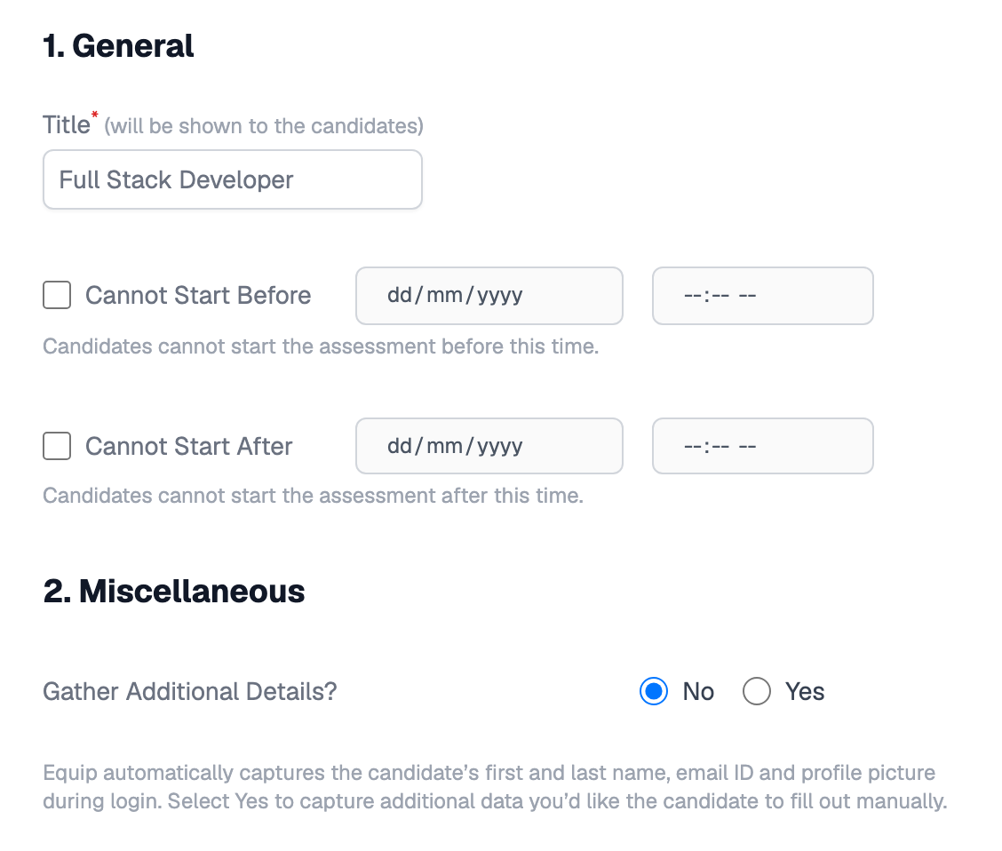 Settings tab showing the Title field set to Full Stack Developer, Cannot Start Before and Cannot Start After date and time fields, and Gather Additional Details set to No