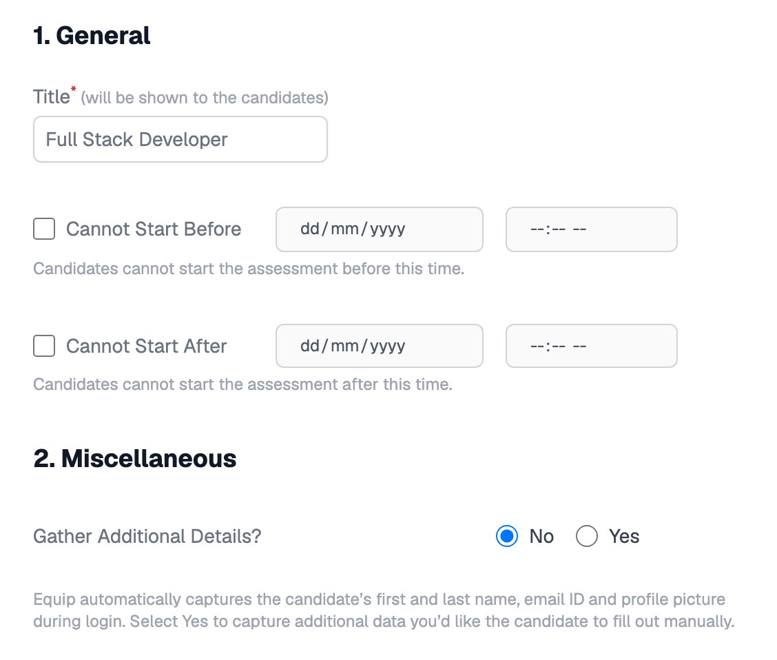 Settings tab showing the Title field set to Full Stack Developer, Cannot Start Before and Cannot Start After date and time fields, and Gather Additional Details set to No