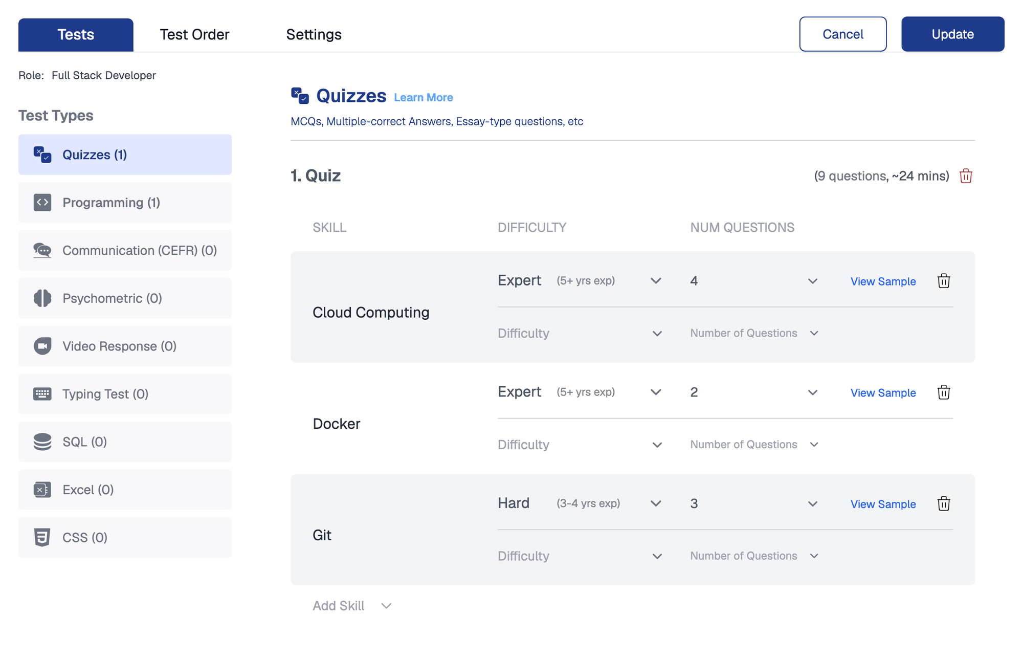 Tests tab of the assessment builder for a Full Stack Developer role, with test types such as Quizzes, Programming, Communication (CEFR), Psychometric, Video Response, Typing Test, SQL, Excel and CSS listed on the left, and a quiz covering Cloud Computing, Docker and Git on the right