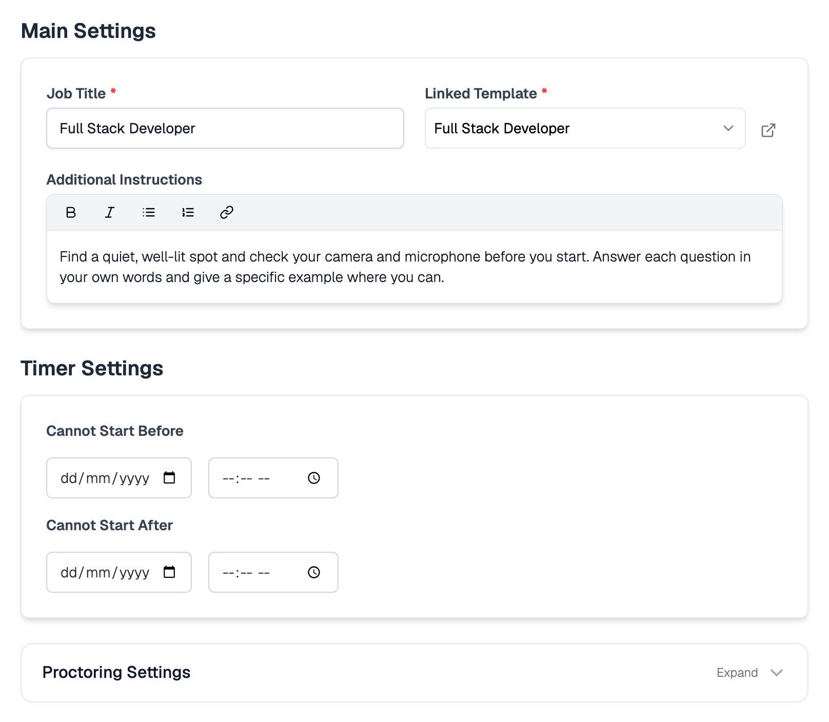 Settings page for the Full Stack Developer one-way interview with Main Settings holding Job Title, Linked Template and Additional Instructions filled with a note to candidates, Timer Settings with empty Cannot Start Before and Cannot Start After pickers, and a collapsed Proctoring Settings section
