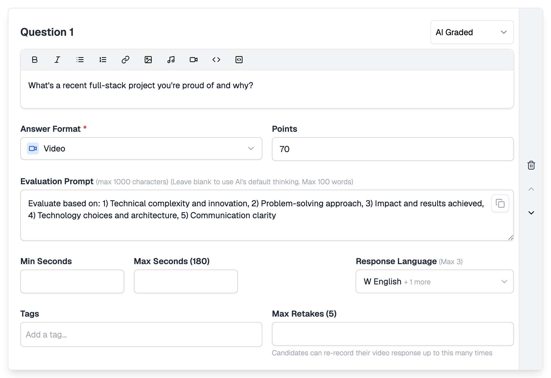 Question 1 of the Full Stack Developer one-way template, an AI Graded question with Answer Format set to Video, 70 points, an Evaluation Prompt, Min and Max Seconds, Response Language, Tags and Max Retakes