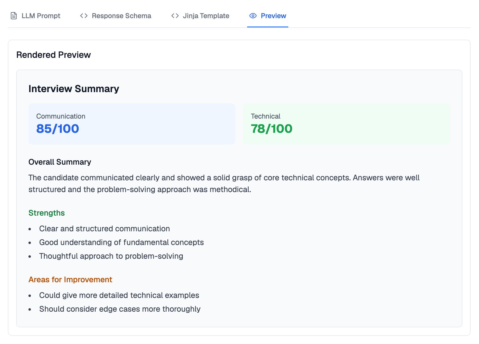 Preview tab of the Technical Interview Evaluation report template showing a rendered Interview Summary with Communication 85 out of 100, Technical 78 out of 100, an overall summary, three strengths and two areas for improvement