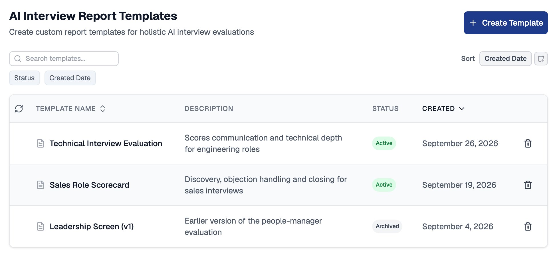 AI Interview Report Templates page with a Create Template button and a list with Technical Interview Evaluation and Sales Role Scorecard marked Active and Leadership Screen (v1) marked Archived, each with a description and a created date