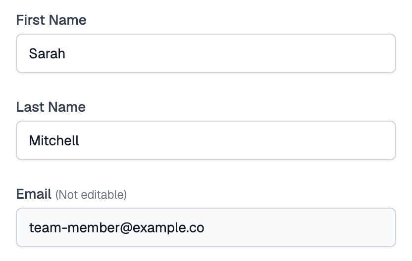 Profile page with First Name set to Sarah, Last Name set to Mitchell, and a greyed out Email field marked Not editable