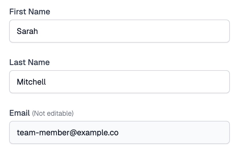 Profile page with First Name set to Sarah, Last Name set to Mitchell, and a greyed out Email field marked Not editable