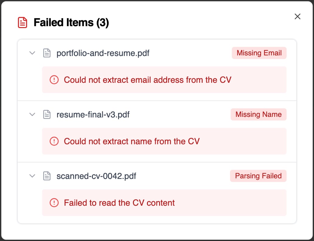 Failed Items list for a bulk CV import with three files. One is missing an email, one is missing a name, and one failed parsing because the CV content could not be read
