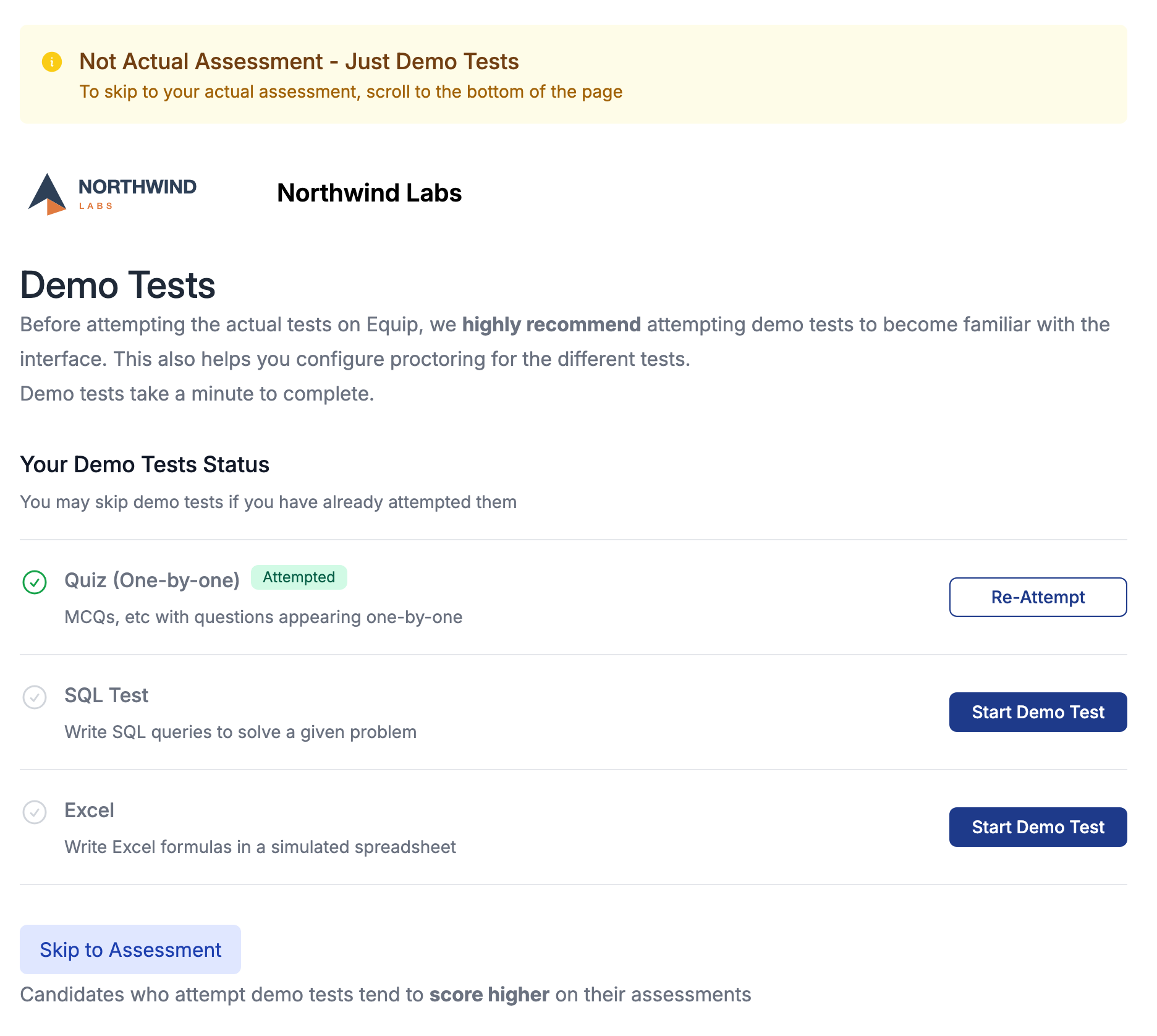 Demo Tests page for a Northwind Labs assessment with a Not Actual Assessment, Just Demo Tests notice, a Your Demo Tests Status list where Quiz (One-by-one) is marked Attempted with a Re-Attempt button and SQL Test and Excel each have a Start Demo Test button, and a Skip to Assessment button at the bottom