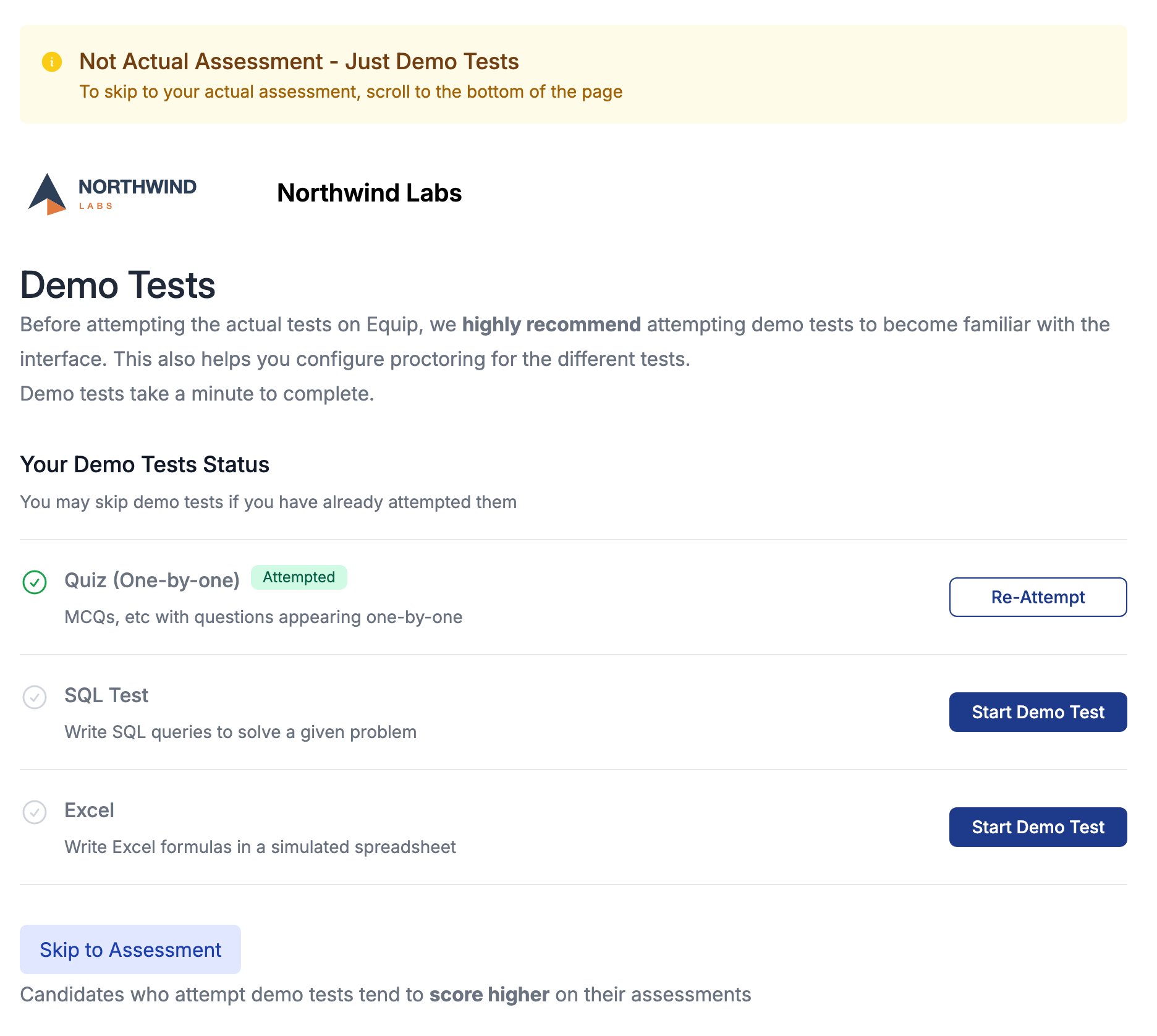 Demo Tests page for a Northwind Labs assessment with a Not Actual Assessment, Just Demo Tests notice, a Your Demo Tests Status list where Quiz (One-by-one) is marked Attempted with a Re-Attempt button and SQL Test and Excel each have a Start Demo Test button, and a Skip to Assessment button at the bottom