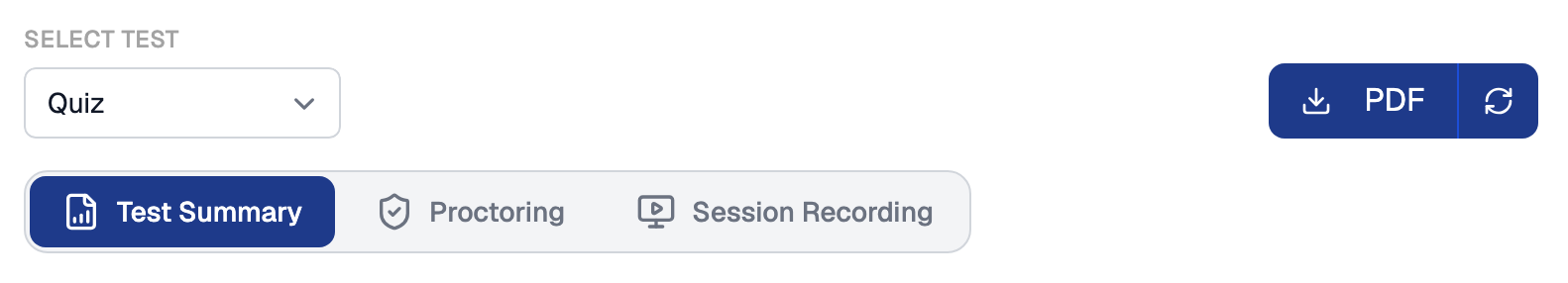 Candidate report for Michael Johnson with a Select Test dropdown set to Quiz on the left, a PDF download button on the far right, and the Test Summary, Proctoring and Session Recording tabs underneath